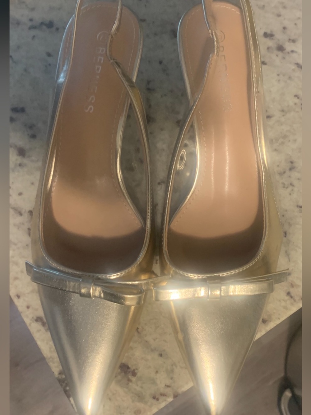 Gold Pointed-Toe Slingback Kitten Heels  with Bow Accent Size 7.5